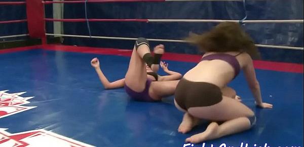  Lesbian babe wrestles and gets fingerfucked